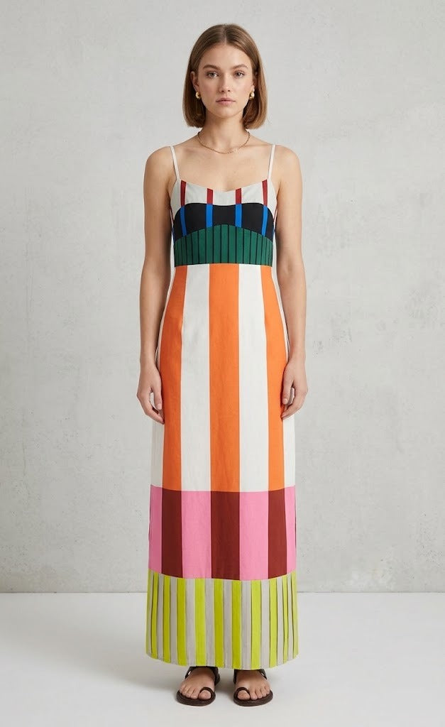 Women's Smocked Dress | Maxi Cami Halter Color Block