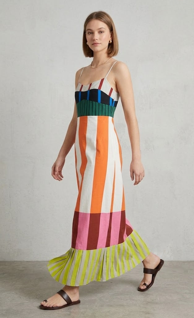 Women's Smocked Dress | Maxi Cami Halter Color Block
