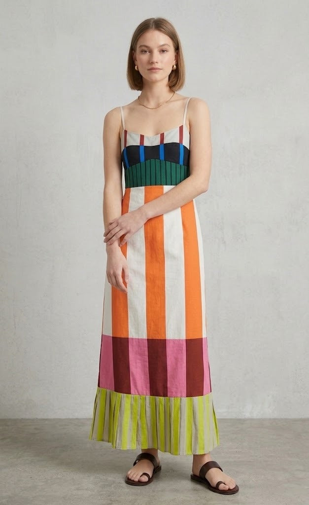 Women's Smocked Dress | Maxi Cami Halter Color Block