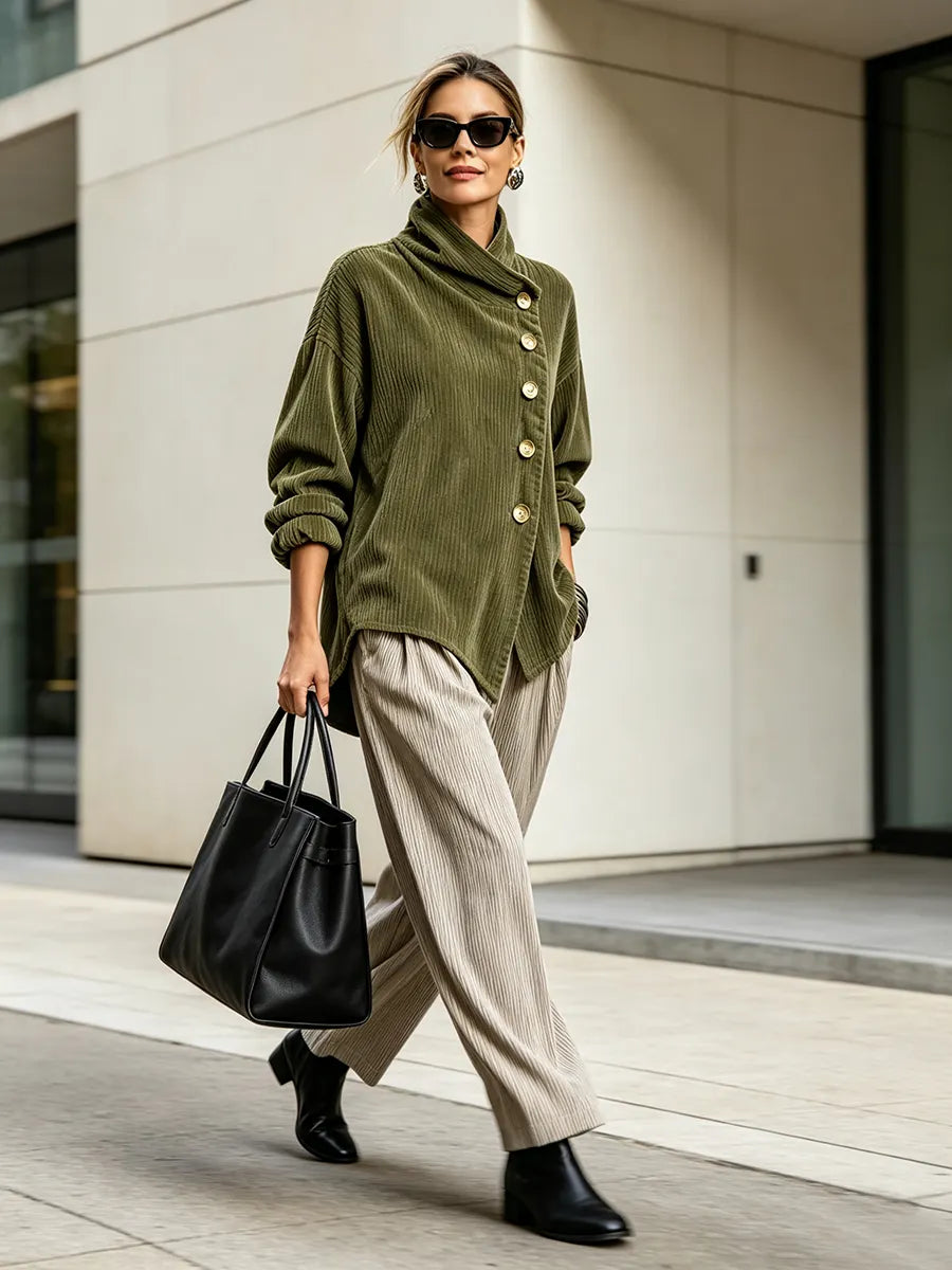 Women's One Shoulder Top | Cowl Neck Button Closure Knit