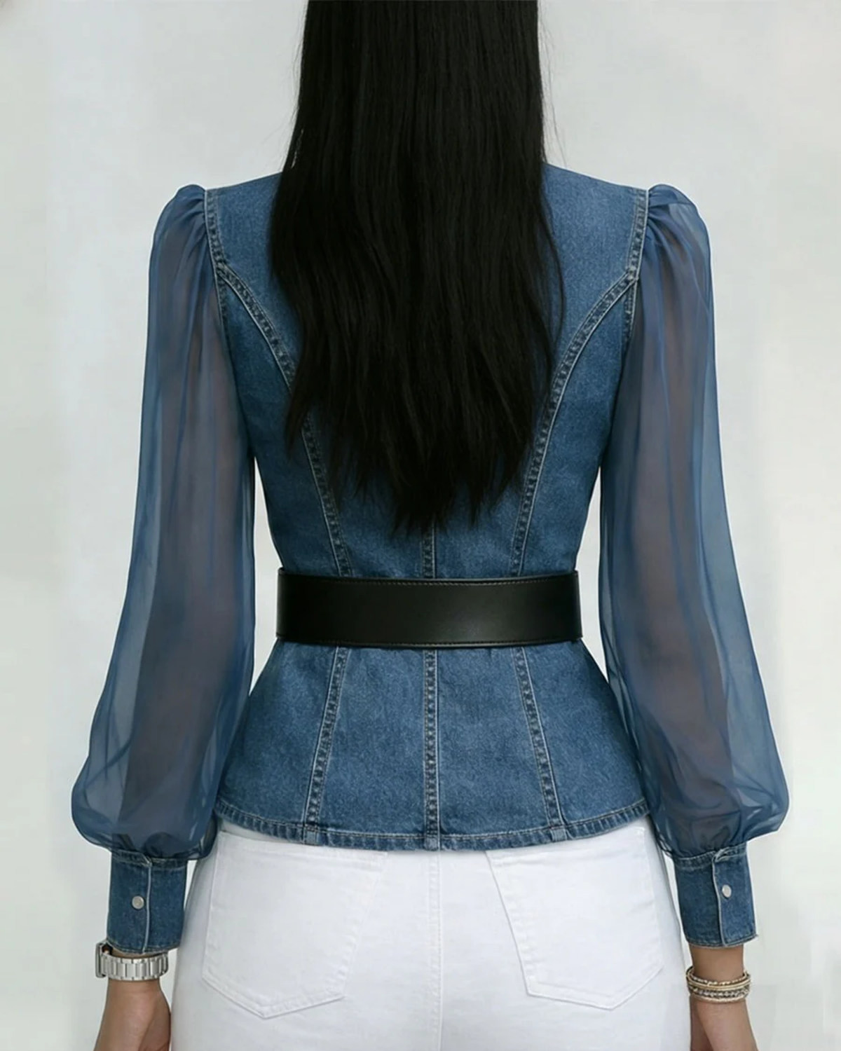 Women's Peplum Top | Wrap Neckline Sheer Sleeve Denim