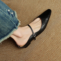 Women's Mules | Pointed Toe Mary Jane Strap Block Heel Leather