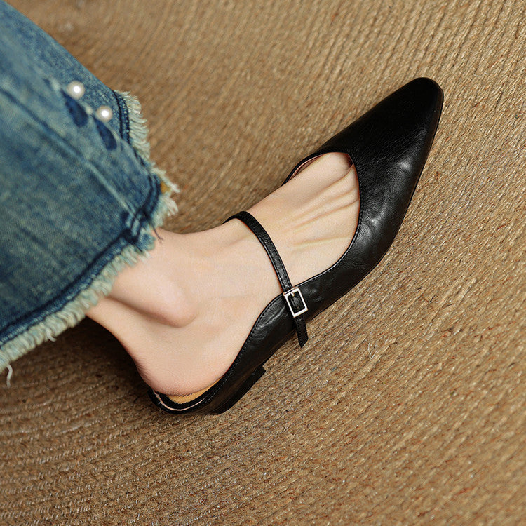 Women's Mules | Pointed Toe Mary Jane Strap Block Heel Leather