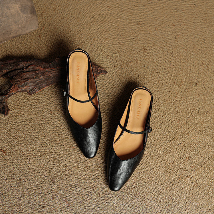 Women's Mules | Pointed Toe Mary Jane Strap Block Heel Leather