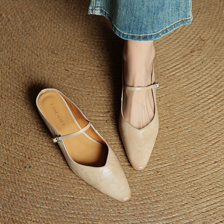 Women's Mules | Pointed Toe Mary Jane Strap Block Heel Leather