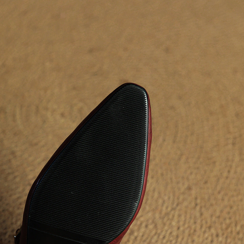 Women's Mules | Pointed Toe Mary Jane Strap Block Heel Leather