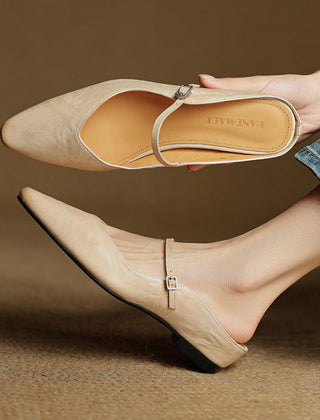 Women's Mules | Pointed Toe Mary Jane Strap Block Heel Leather