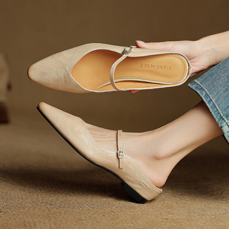 Women's Mules | Pointed Toe Mary Jane Strap Block Heel Leather