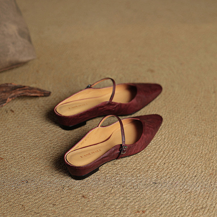 Women's Mules | Pointed Toe Mary Jane Strap Block Heel Leather