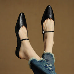 Women's Mules | Pointed Toe Mary Jane Strap Block Heel Leather