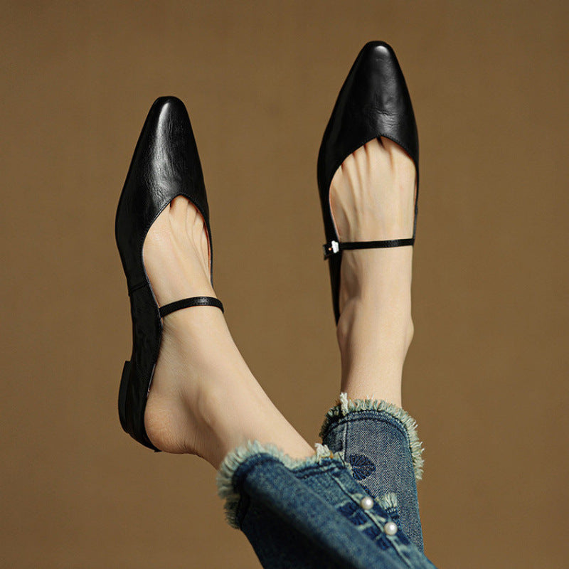 Women's Mules | Pointed Toe Mary Jane Strap Block Heel Leather