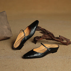 Women's Mules | Pointed Toe Mary Jane Strap Block Heel Leather