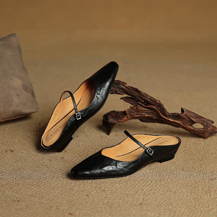 Women's Mules | Pointed Toe Mary Jane Strap Block Heel Leather