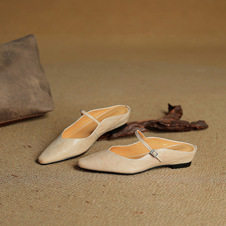 Women's Mules | Pointed Toe Mary Jane Strap Block Heel Leather