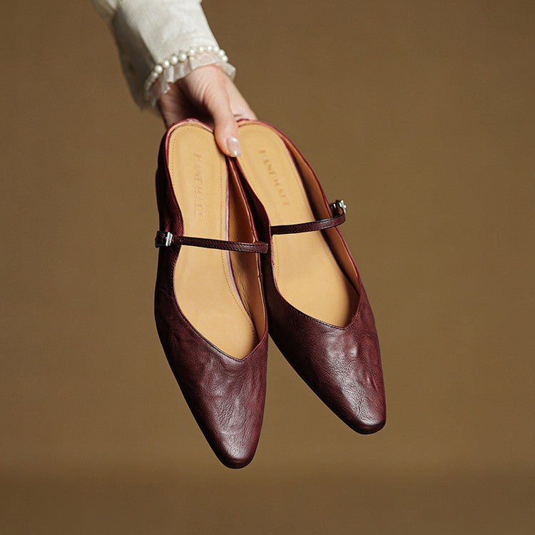 Women's Mules | Pointed Toe Mary Jane Strap Block Heel Leather
