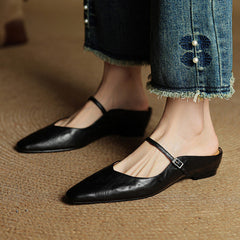 Women's Mules | Pointed Toe Mary Jane Strap Block Heel Leather
