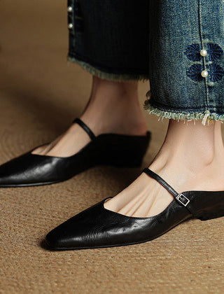 Women's Mules | Pointed Toe Mary Jane Strap Block Heel Leather