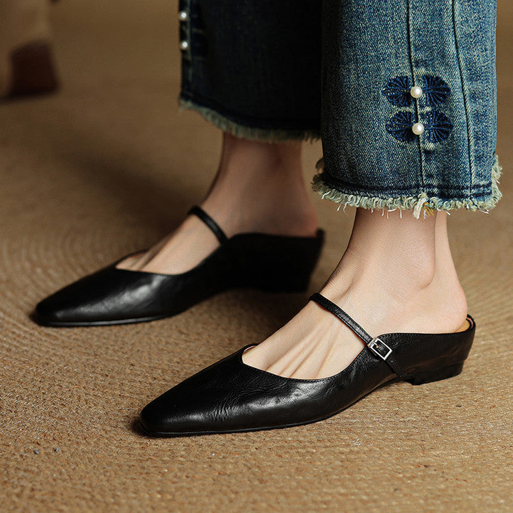 Women's Mules | Pointed Toe Mary Jane Strap Block Heel Leather