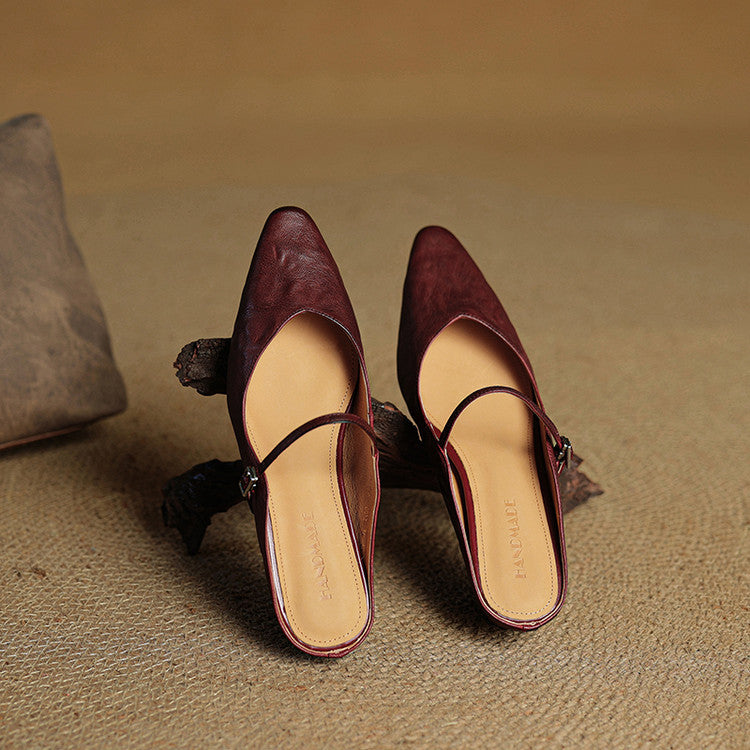 Women's Mules | Pointed Toe Mary Jane Strap Block Heel Leather
