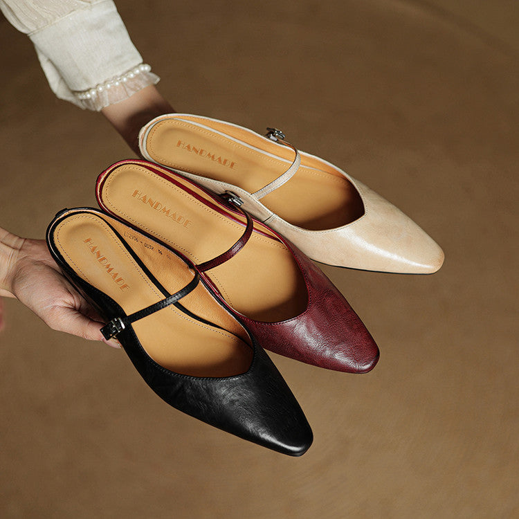 Women's Mules | Pointed Toe Mary Jane Strap Block Heel Leather