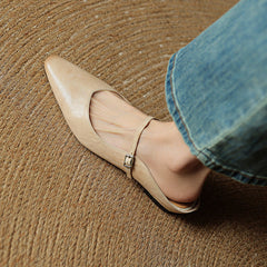 Women's Mules | Pointed Toe Mary Jane Strap Block Heel Leather