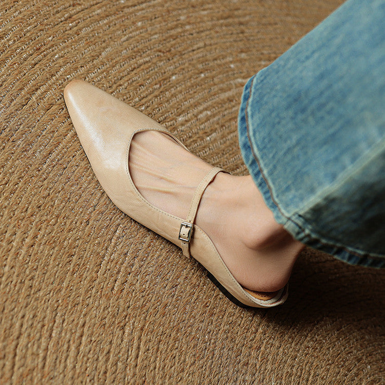 Women's Mules | Pointed Toe Mary Jane Strap Block Heel Leather