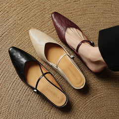 Women's Mules | Pointed Toe Mary Jane Strap Block Heel Leather