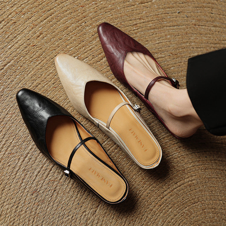 Women's Mules | Pointed Toe Mary Jane Strap Block Heel Leather
