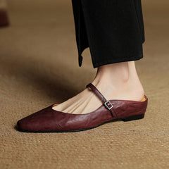 Women's Mules | Pointed Toe Mary Jane Strap Block Heel Leather