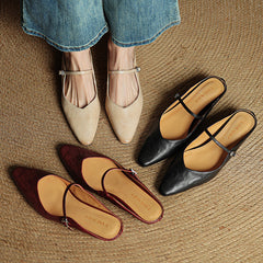 Women's Mules | Pointed Toe Mary Jane Strap Block Heel Leather