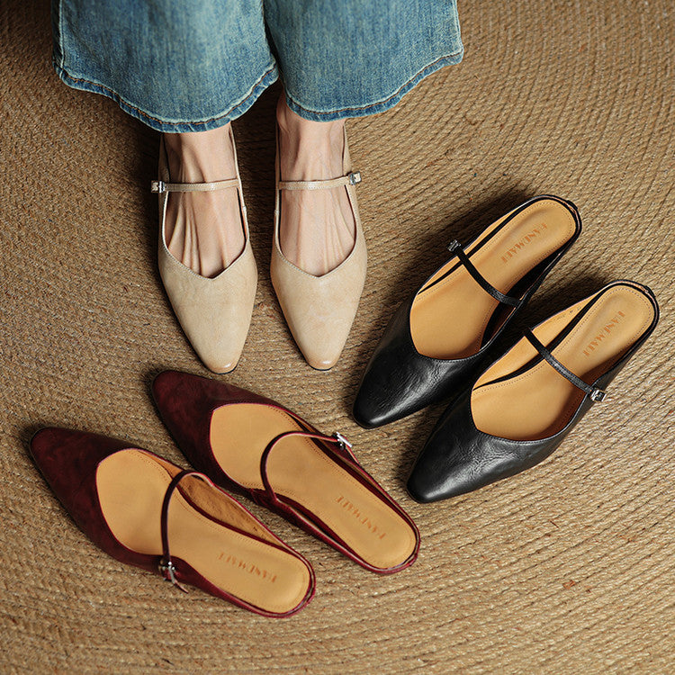 Women's Mules | Pointed Toe Mary Jane Strap Block Heel Leather