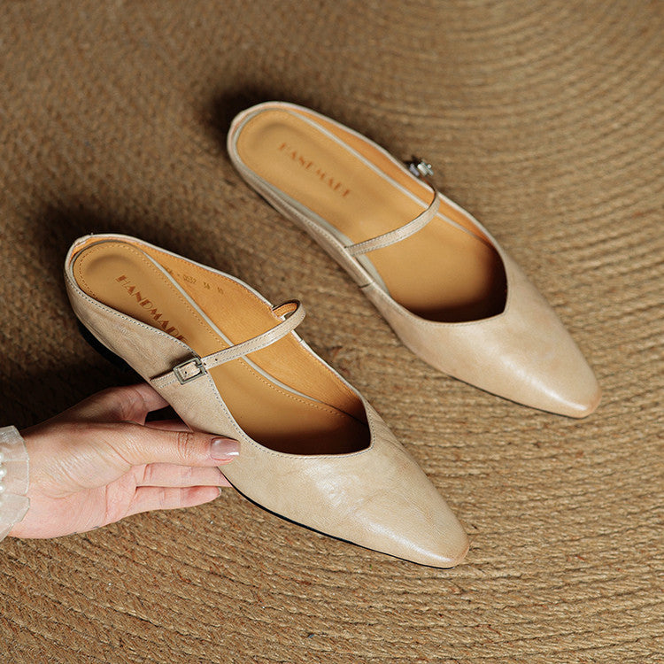 Women's Mules | Pointed Toe Mary Jane Strap Block Heel Leather