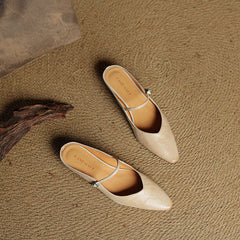 Women's Mules | Pointed Toe Mary Jane Strap Block Heel Leather