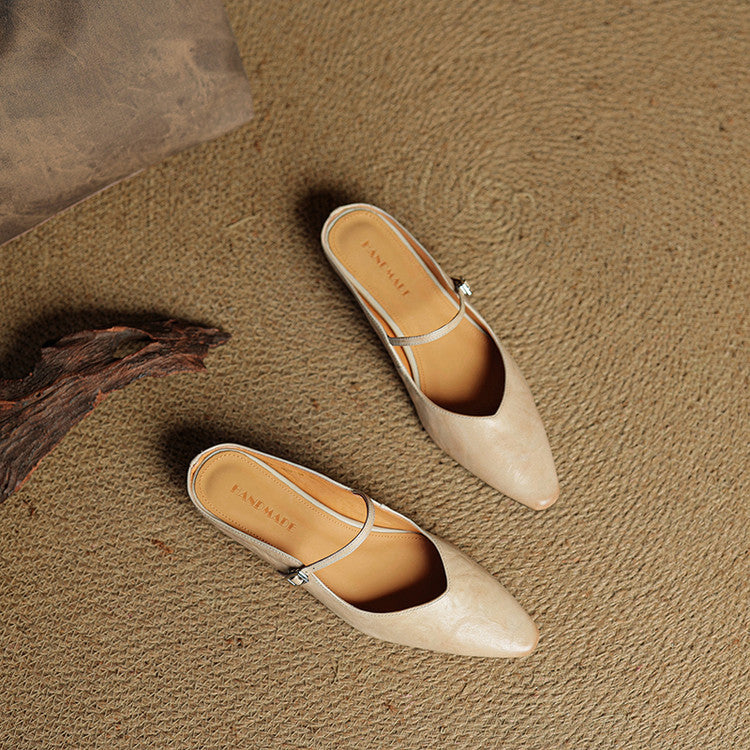 Women's Mules | Pointed Toe Mary Jane Strap Block Heel Leather