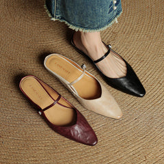 Women's Mules | Pointed Toe Mary Jane Strap Block Heel Leather