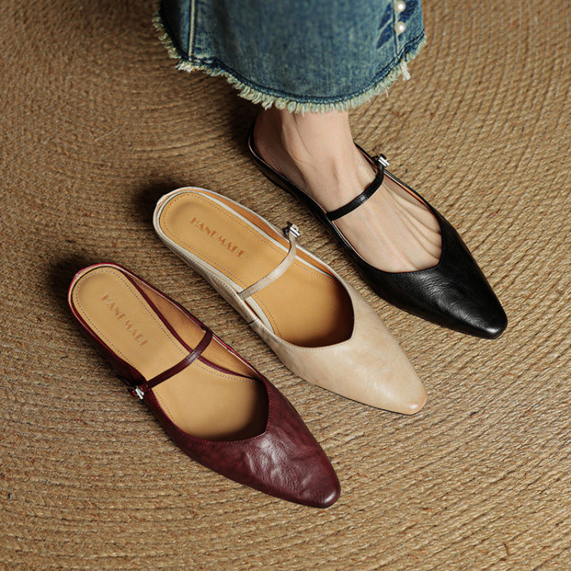 Women's Mules | Pointed Toe Mary Jane Strap Block Heel Leather