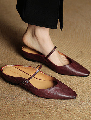 Women's Mules | Pointed Toe Mary Jane Strap Block Heel Leather