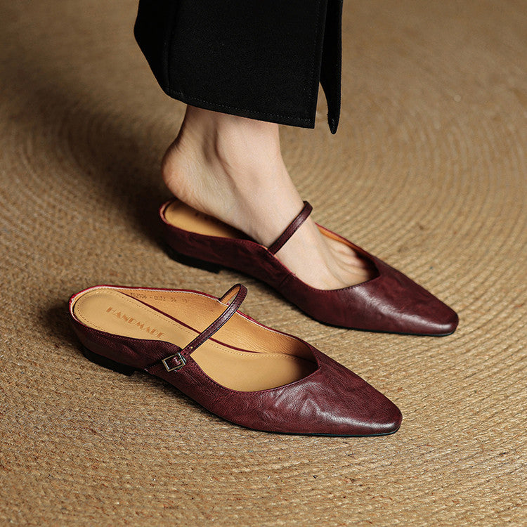 Women's Mules | Pointed Toe Mary Jane Strap Block Heel Leather