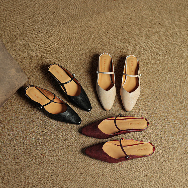 Women's Mules | Pointed Toe Mary Jane Strap Block Heel Leather