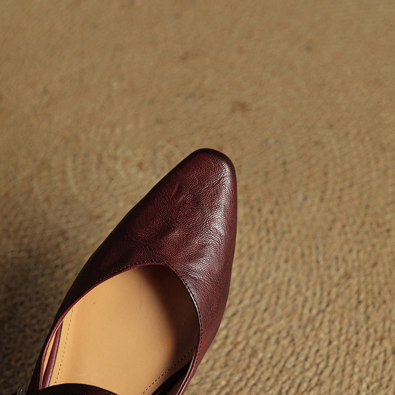 Women's Mules | Pointed Toe Mary Jane Strap Block Heel Leather
