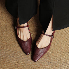 Women's Mules | Pointed Toe Mary Jane Strap Block Heel Leather