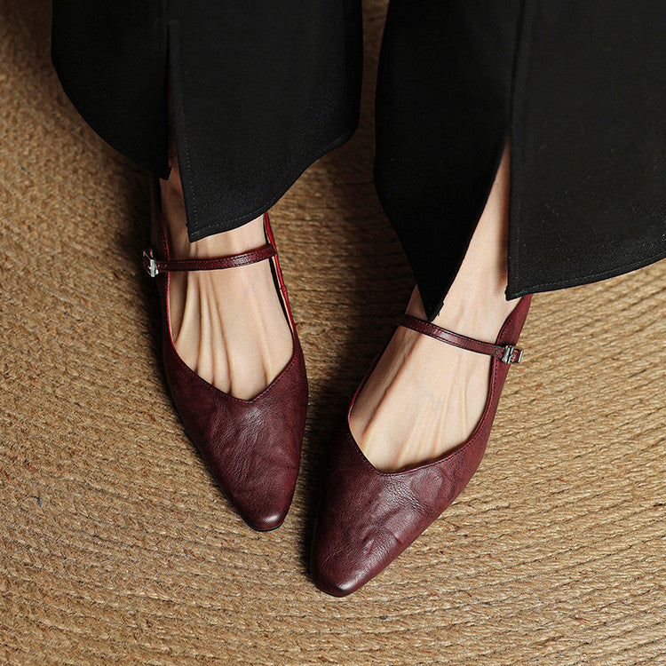Women's Mules | Pointed Toe Mary Jane Strap Block Heel Leather