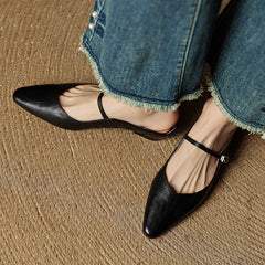 Women's Mules | Pointed Toe Mary Jane Strap Block Heel Leather