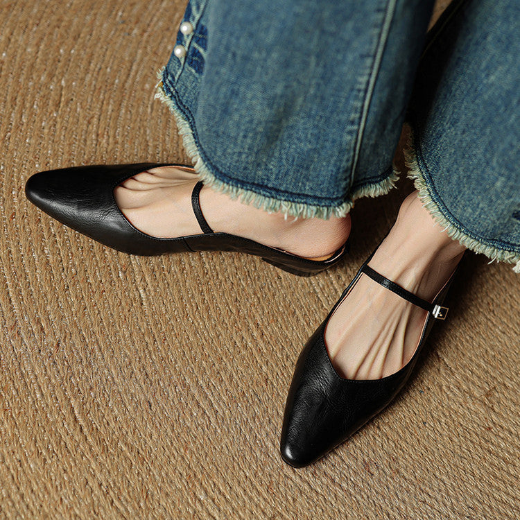 Women's Mules | Pointed Toe Mary Jane Strap Block Heel Leather