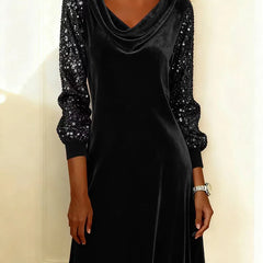Women's Christmas Dress | Midi Cowl Neck Velvet Sequin Sleeve