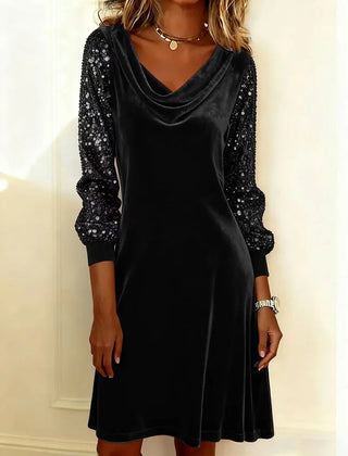 Women's Christmas Dress | Midi Cowl Neck Velvet Sequin Sleeve