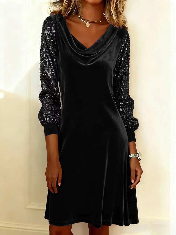 Women's Christmas Dress | Midi Cowl Neck Velvet Sequin Sleeve