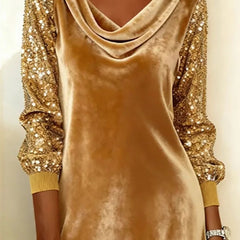 Women's Christmas Dress | Midi Cowl Neck Velvet Sequin Sleeve