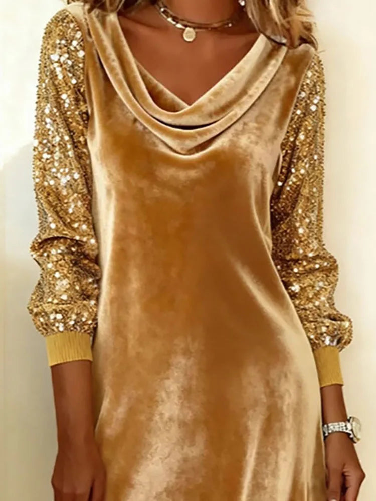 Women's Christmas Dress | Midi Cowl Neck Velvet Sequin Sleeve