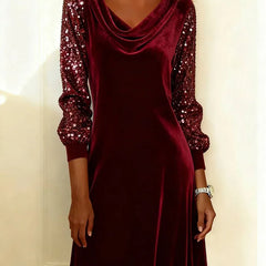 Women's Christmas Dress | Midi Cowl Neck Velvet Sequin Sleeve